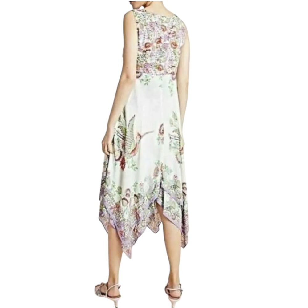 ANTHROPOLOGIE Analise Floral Midi Dress Bird Print Handkerchief Hem, size 2 - Picture 6 of 8